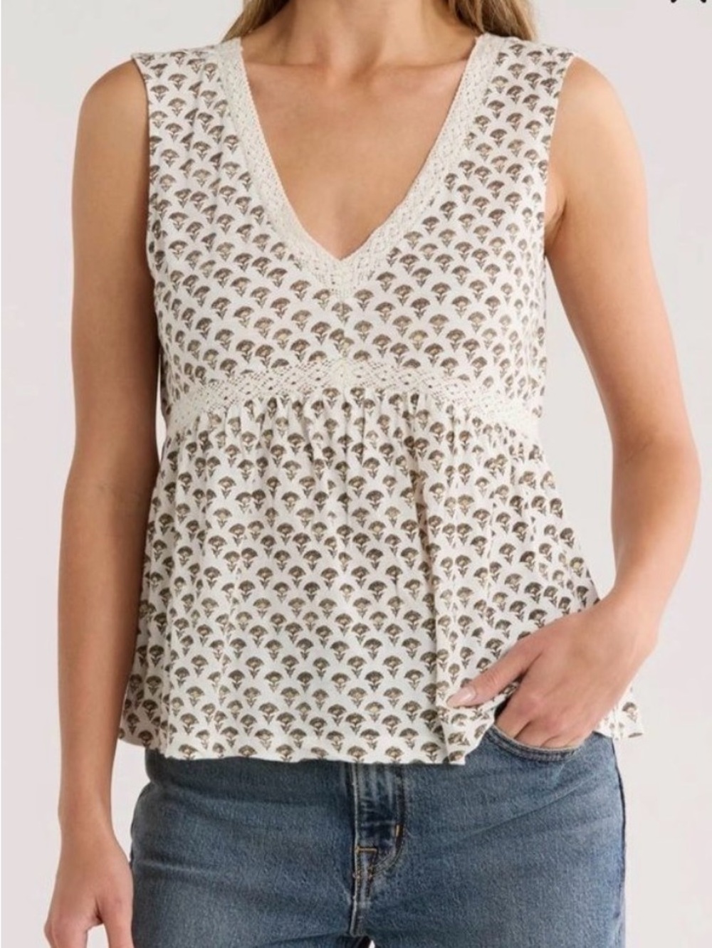 Lucky Brand Baby Doll Lace Trip V-Neck Tank Top Size Large Boho CottageCore